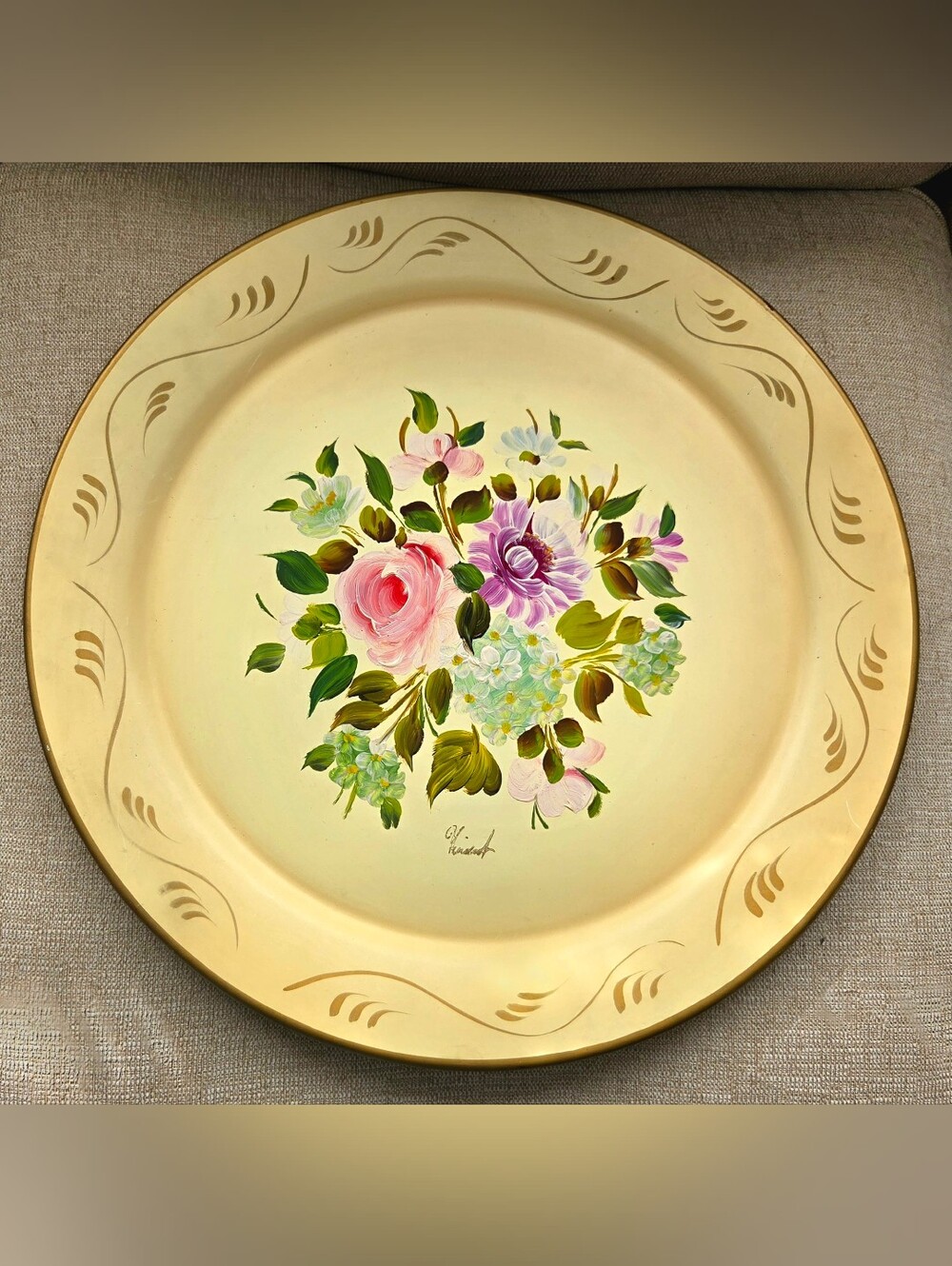 Vintage 1950s Nashco Hand Painted Floral Tray 21" Signed Vincent Cottagecore MCM